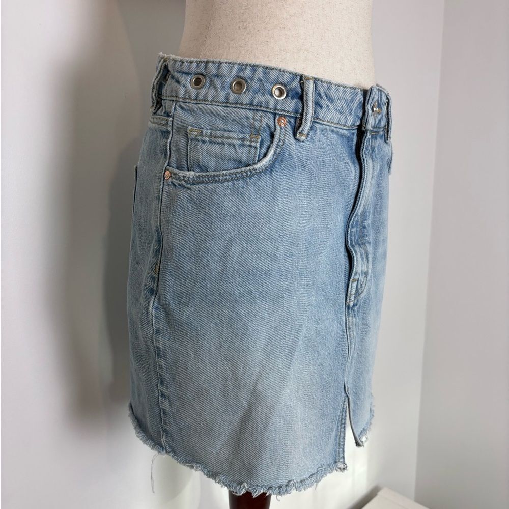 Allsaints Lila Eyelet Denim Skirt, Blue split front hem distressed hem - Picture 2 of 7